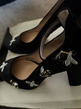 Black Embroidered Bee Accent Mary Jane Heels